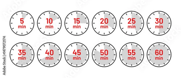 Fototapeta Cooking indicators in flat design. Timer icons. Stopwatches in circle shape. Round clocks with different minutes. Chronometer deadline symbols isolated. Countdown timer set. Vector illustration.
