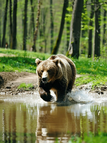 Fototapeta brown grizzly bear catching fish in river, surrounded by forest