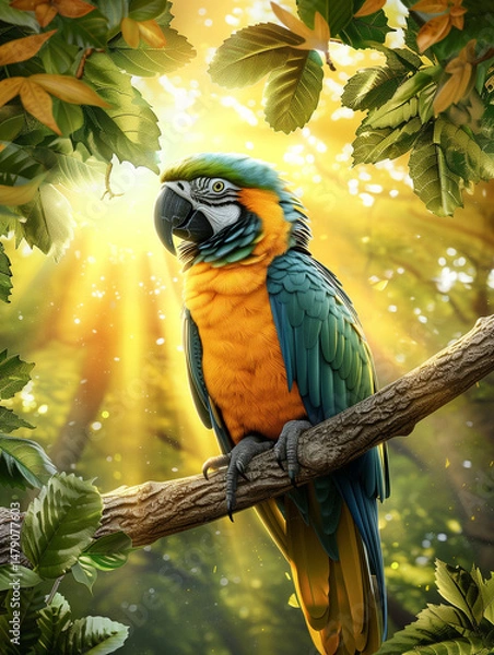 Fototapeta Blue-and-yellow macaw perched on a branch, wings slightly spread