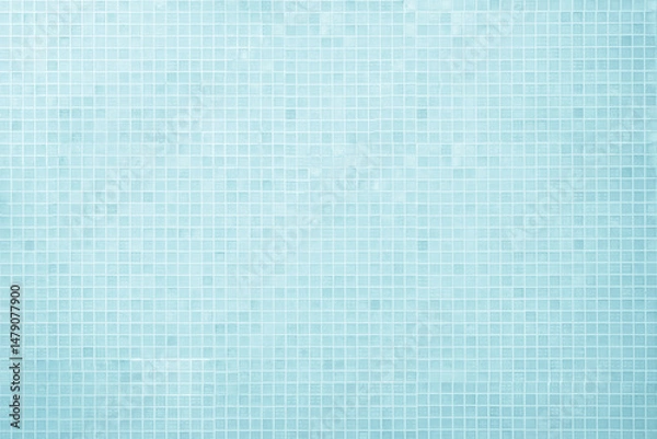 Fototapeta Blue light ceramic wall chequered and floor tiles mosaic background in bathroom, kitchen. Design pattern geometric with grid wallpaper texture decoration pool. Simple seamless abstract surface clean.