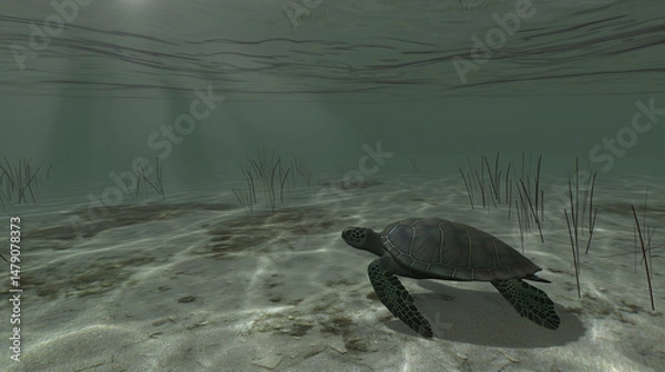 Fototapeta Sea turtle gliding underwater with rays of sunlight above, crystal-clear water