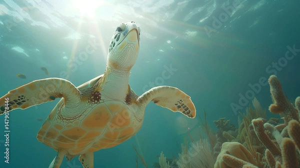 Fototapeta Sea turtle gliding underwater with rays of sunlight above, crystal-clear water