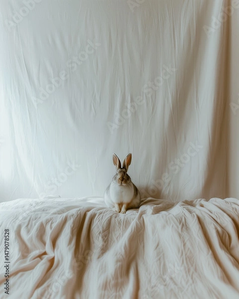 Fototapeta White rabbit sitting on white background, soft fur, pink nose