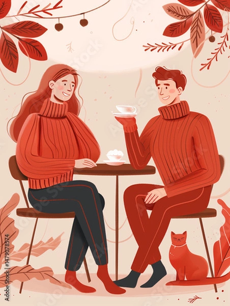 Fototapeta Young couple having breakfast with their cat sitting on the table