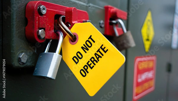 Obraz Close-up of a lockout/tagout device on machinery, featuring safety tags and padlocks, emphasizing workplace safety and hazard prevention.