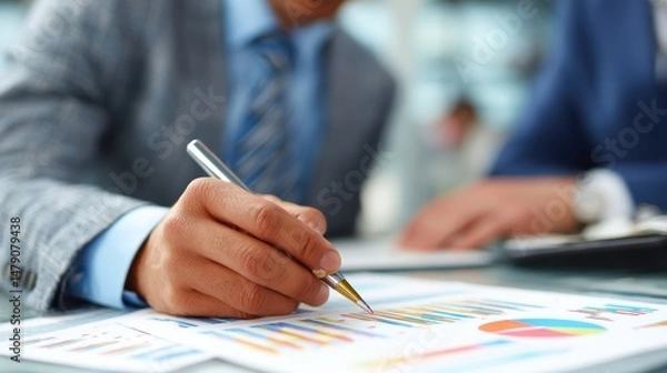 Fototapeta Professional man explaining financial graphs during client consultation