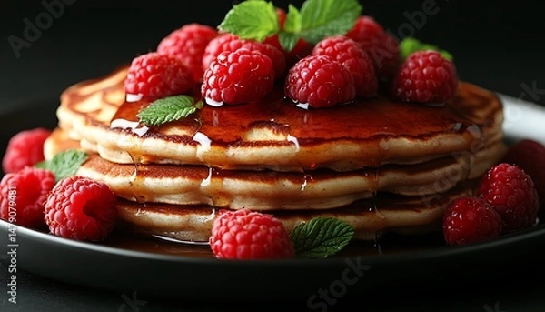 Fototapeta Stacked pancakes with raspberries and syrup
