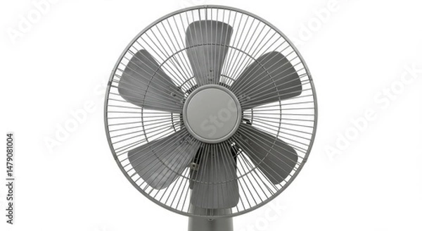Fototapeta Close-up of a modern gray oscillating fan with blades and protective cage.