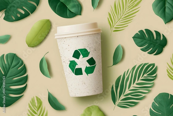 Obraz Eco-friendly disposable cup with a recycle symbol surrounded by various green leaves on a beige background.