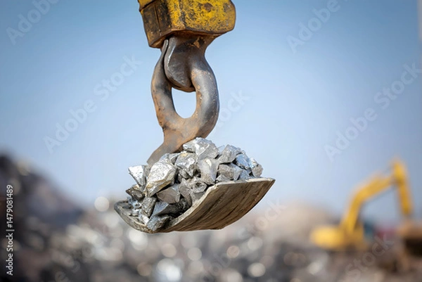 Obraz A close-up of a mechanical grab lifting a load of scrap metal at an industrial site with an excavator in the background.