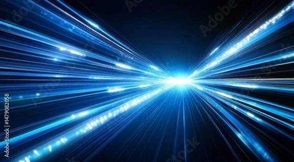 Fototapeta Abstract representation of speed and motion with blue light trails converging towards a bright central point