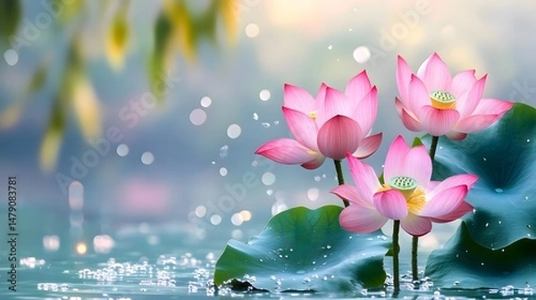 Fototapeta A serene image of three blooming pink lotus flowers on lily - pads, set against a soft, misty background with gentle water droplets and blurred foliage. 