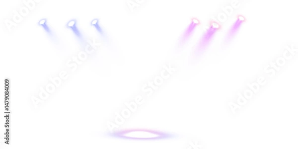 Fototapeta Vector stage lighting with LED strobe effects - blank performance background with laser light stitches and coloured spotlights, concert or club event illustration on transparent
