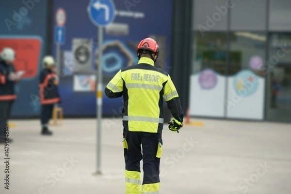 Fototapeta A fire and rescue worker in neon safety jacket and red helmet walks toward a glass fronted storefront while two colleagues in protective gear stand in the background on concrete pavement