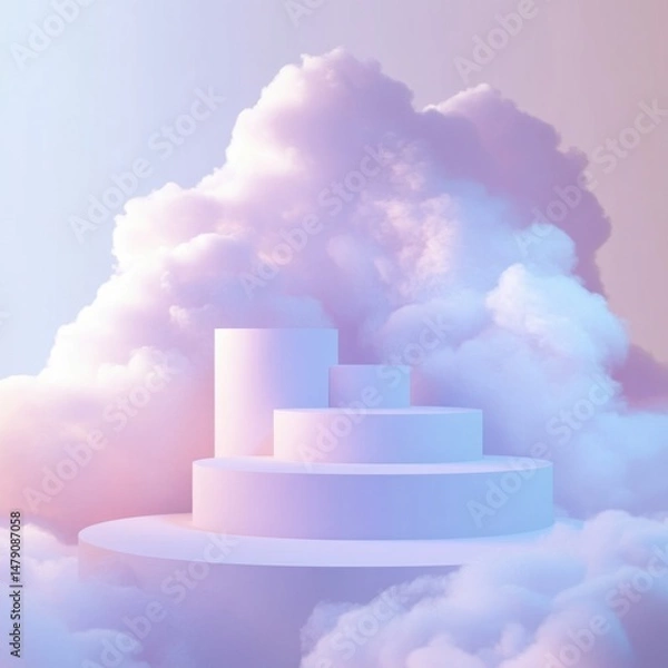 Fototapeta Podium display in pastel clouds presentation stage for product placement abstract minimal studio shot
