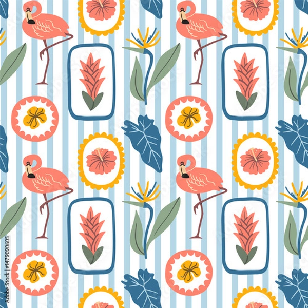 Fototapeta Seamless pattern featuring flamingo, tropical leaves, hibiscus and jungle flowers on blue striped background, perfect for summer designs, fabric, and kids projects.