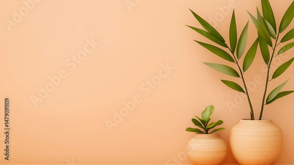 Obraz Two green leafy plants in simple vases stand gracefully against a soft peach-colored wall. The scene offers a calm, minimal aesthetic with natural tones and copy space for versatile use.