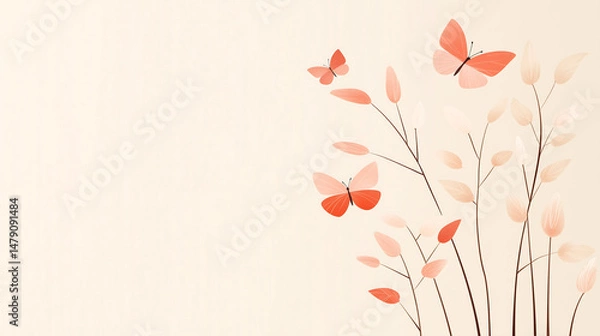 Fototapeta Delicate pink and orange butterflies flutter around stylized leaves and slender branches on the right side of a soft beige background. A light, graceful composition with copy space.