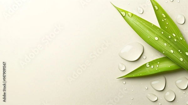 Fototapeta Green bamboo leaves with water droplets on the right, soft beige background with scattered water. Features an elegant design and copy space for versatile use.