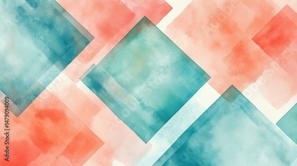 Fototapeta Abstract Watercolor Squares Design with Teal and Coral Colors Creating a Modern Artistic Background Texture