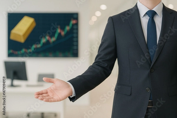 Fototapeta AI generated image of a professional financial advisor in business suit gesturing to welcome clients into a sophisticated trading room featuring multiple screens displaying real-time gold price charts