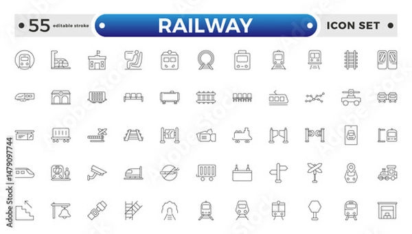 Fototapeta Railway industry outline icons set. Railroad company. Rail transport. Train station. Customizable thin line symbols. Editable stroke outline icon.
