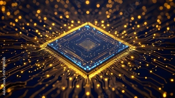 Fototapeta An image of a high - tech microchip at the center, surrounded by intricate, glowing golden circuitry lines on a dark background, evoking advanced computing and electronics. 