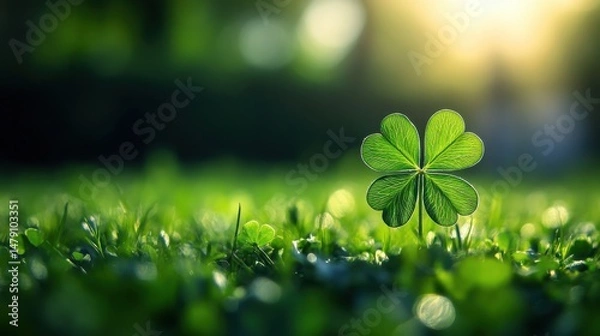 Fototapeta Four-leaf clover basks in sunlight, symbol of luck and prosperity, nestled among lush green grass, evoking St. Patrick's Day spirit