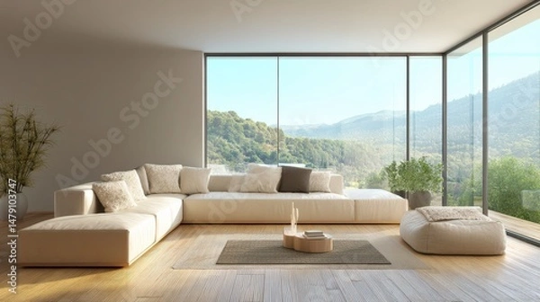 Fototapeta 3D Interior Render of an Elegant Modern Living Room with Cozy Sectional Sofa