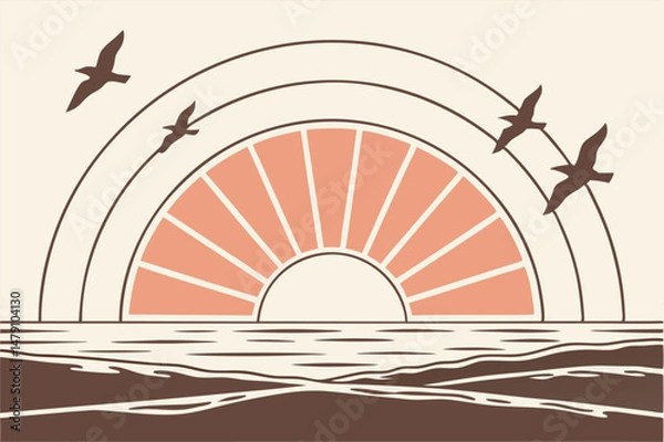 Fototapeta Minimalist Sunset Ocean Vector Illustration with Flying Birds, Abstract Geometric Beach Landscape for Modern Interior Design Generative ai