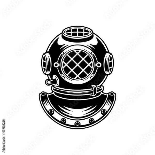 Fototapeta Retro style diver helmet isolated on white background. Design element for logo, label, sign, poster, menu. Vector illustration
