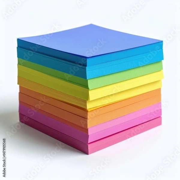 Fototapeta A vibrant stack of colorful sticky notes arranged neatly, showcasing a spectrum of bright hues from blue to pink
