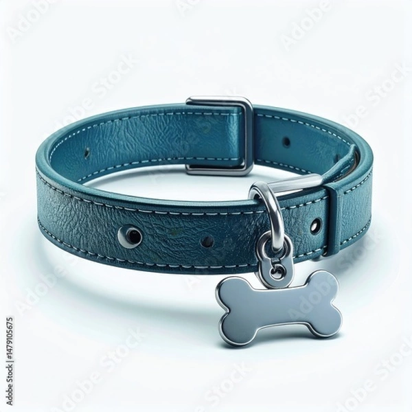 Fototapeta A stylish blue leather dog collar with a silver bone-shaped tag, perfect for pet owners looking to combine fashion and functionality