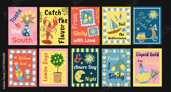 Fototapeta Mediterranean summer Posters. Vector illustration of Amalfi, Italian cuisine, striped pattern, lobster, crab, lemon, postage stamps, shell for poster