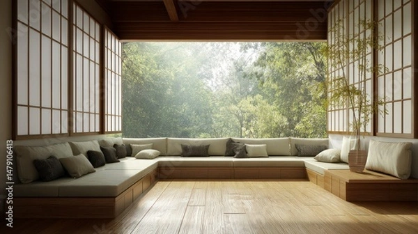 Fototapeta 3D Render of a Modern Japanese Style Living Room with Spacious Layout and Cozy Decor
