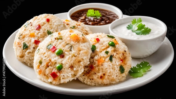 Obraz Vegetable Idli: Captivating visual that presents delicious idli, a traditional South Indian savory cake, arranged on a plate alongside two distinctive accompaniments.
