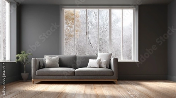 Fototapeta 3D Render of Modern Cozy Loft Living Room with Gray Linen Sofa and Natural Light