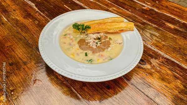 Fototapeta A delicious bowl of creamy soup with a vibrant herb garnish, elegantly paired with a crunchy breadstick for a delightful dining experience.
