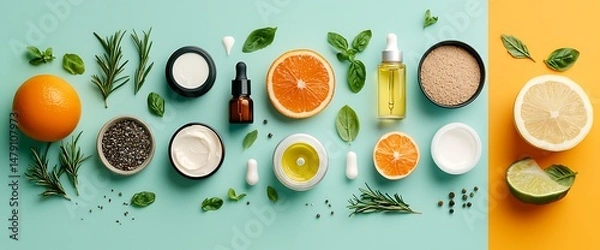 Fototapeta Skincare ingredients arranged with fruit, herbs, oils, and products. Vibrant composition
