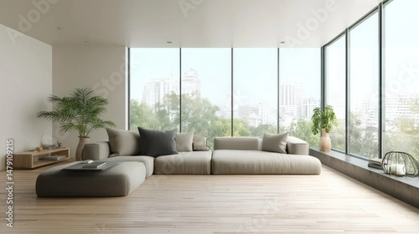 Fototapeta 3D Render of a Stylish Urban Living Room with Modern Furniture and Natural Light