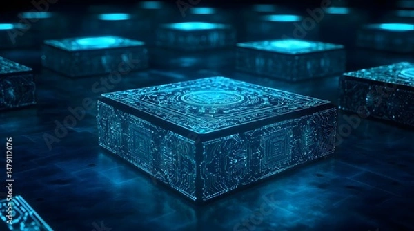 Fototapeta A group of intricately - designed, glowing blue cubes with detailed patterns, set against a dark, tech - inspired background, creating a visually striking and futuristic scene. 