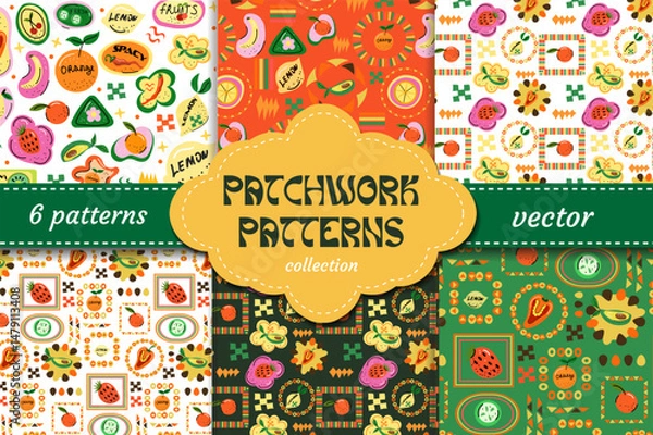 Fototapeta Summer Trendy fruit sticker patchwork seamless pattern. Cute framed repeat background. fruit in frames. Vector print, geometric elements