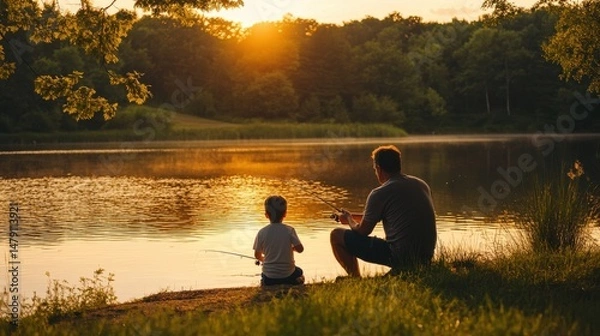 Fototapeta Serene waterside moment: Father teaches son angling basics at twilight, forging lasting bond amidst peaceful nature scene.