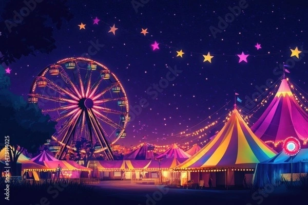 Obraz Night carnival featuring a colorful ferris wheel and vibrant tents under a starry sky, Colorful carnival at night with ferris wheel and vibrant tents under starry sky Festival concept