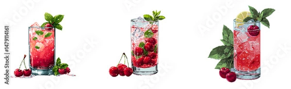 Fototapeta Pixel art of a fizzy cherry lemonade in a clear cup with ice and mint leaves, transparant background.