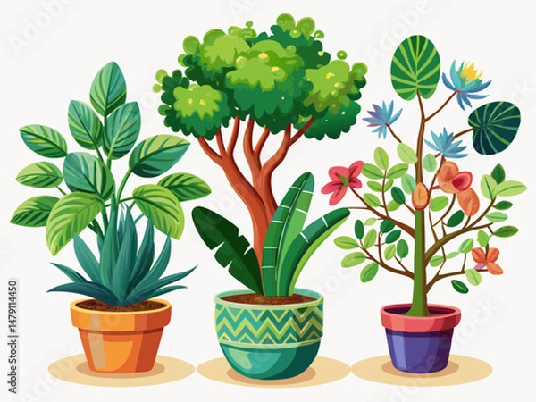 Fototapeta A collection of three indoor trees in different decorative pots. White background, botanical diversity in home design
