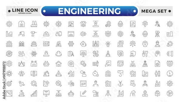 Fototapeta Engineering outline icon set. Future technology icon set. Containing robot, artificial intelligence, innovation, smart city, robotics, humanoid, hologram, digital world. Editable stroke outline icon.