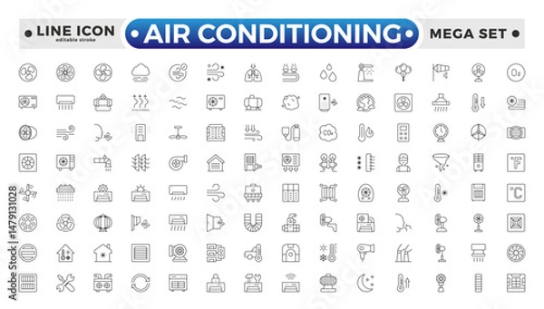 Fototapeta Air conditioning with fresh cold air outline icon set. Cool air and cooling symbol collection. Editable stroke outline icon.
