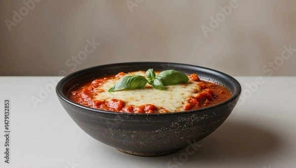 Fototapeta Delicious tomato sauce with melted cheese garnished with fresh basil served in rustic black bowl