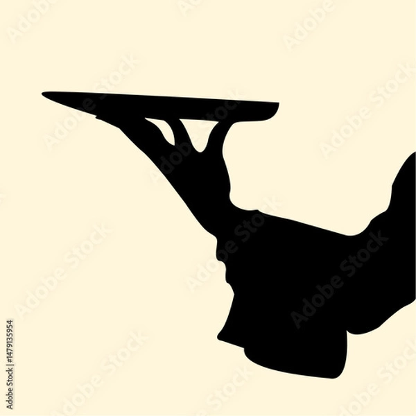 Fototapeta Silhouette of hand holding tray concept. Design icon of waiter bring dish food. Vector illustration.